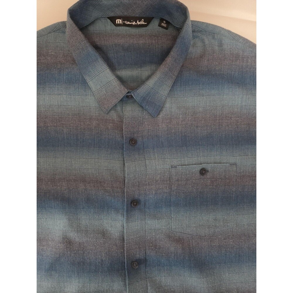 Travis Mathew Shirt Mens XL Blue Striped Short Sleeve Button Up Casual Pocket